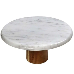 Τουρτιέρα Με Πόδι FAV237 Φ30x10cm Natural-White Espiel Μάρμαρο, Ξύλο
