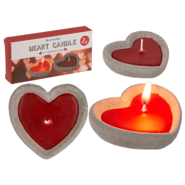 Red candle in cement pot, heart shaped