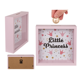 Κουμπαράς Little Princess ξύλινης κατασκευής σε χρώμα ροζ με μπροστινό τζάμι, 20 x 20 εκ.