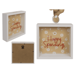Ξύλινος Κουμπαράς, Happy Spendings, με πλαίσιο, 20 x 20 cm
