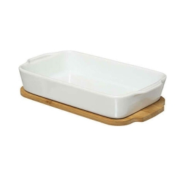 Πυρίμαχο Σκεύος Σε Βάση Bamboo 30x16cm White-Natural Κεραμικό