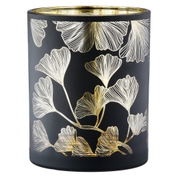 ΦΑΝΑΡΙ ΚΑΤΑΙΓΙΔΑΣ CYLINDRICAL "GINKGO" GINKGO MOTIF ΓΥΑΛΙΝΟ ΜΑΥΡΟ PU 18 H. CM D. 7 CM