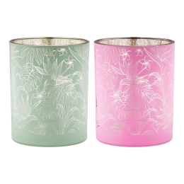 ΦΑΝΑΡΙ ΚΑΤΑΙΓΙΔΑΣ CYLINDRICAL "TROPIC" LEAF MOTIF ΓΥΑΛΙΝΟ ΠΡΑΣΙΝΟ PINK PU PCS. ASSORTED H. 125 CM D. 10 CM