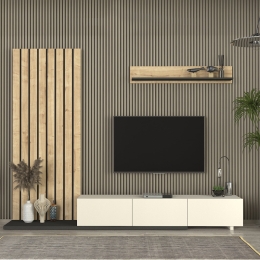 ΣΥΝΘΕΣΗ ΤΗΛΕΟΡΑΣΗΣ NAGINI MEGAPAP ΧΡΩΜΑ IVORY - SAPPHIRE OAK - ΑΝΘΡΑΚΙ 260X39,4X203,6ΕΚ.