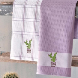 Cactus σετ πετσέτες κουζίνας σε λευκή και μωβ απόχρωση δύο τεμάχια πικέ 45x70 εκ