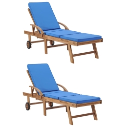 Ξαπλώστρες σετ δύο τεμαχίων από μασίφ ξύλο teak με γαλάζια μαξιλάρια