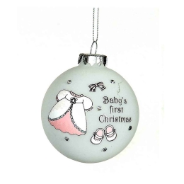 Μπάλα γυάλινη Baby's first Christmas με κοριτσίστικα ρούχα ροζ 8 εκ