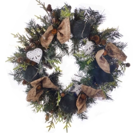Velvet Christmas Έτοιμο στολισμένο Χριστουγεννιάτικο στεφάνι με μεικτό φύλλωμα με led φωτάκια 60 εκ