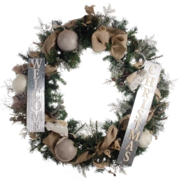 Welcome Christmas Έτοιμο στολισμένο Χριστουγεννιάτικο στεφάνι mix πράσινο με led φωτάκια 90 εκ