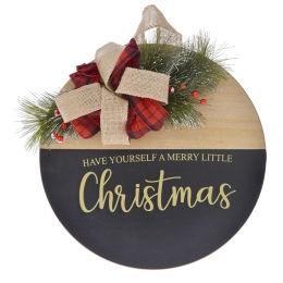 Διακοσμητική ξύλινη στρογγυλή πινακίδα Christmas και καρό κορδέλα 35 εκ