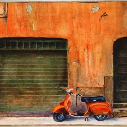 Orange vespa ξύλινος πίνακας χειροποίητος