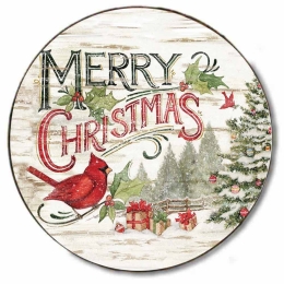 Merry Christmas ξύλινο χειροποίητο στρογγυλό πινακάκι με χιονισμένο χριστουγεννιάτικο τοπίο