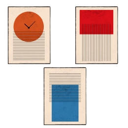 Geometric διακοσμητική σύνθεση τοίχου με δύο ξύλινους χειροποίητους πίνακες και ένα ρολόι σε δύο διαστάσεις