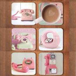 Σουβέρ ξύλινα χειροποίητα retro pink telephones σετ 6 τεμάχια