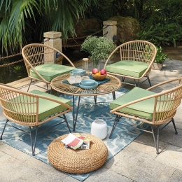 Καθιστικό κήπου retro από φυσικό rattan σε φυσική απόχρωση και μεταλλικό σκελετό σετ πέντε τεμαχίων