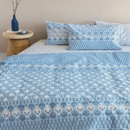 Σεντόνια Fashion Life FL6217 Με Λάστιχο (Σετ 3τμχ) Blue-White Palamaiki Ημίδιπλο 110x230cm 100% Βαμβάκι