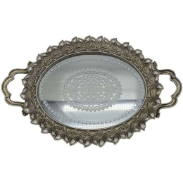 Διακοσμητικός Δίσκος Με Καθρέπτη Flower 279-222-157 40x25x4cm Silver Πολυρεσίνη