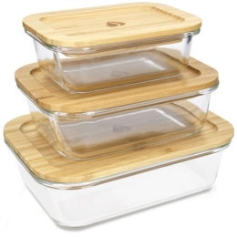 Δοχεία Φαγητού (Σετ 3Τμχ) 49613.03 1040/640/370ml Clear-Natural Navaris Γυαλί,Bamboo