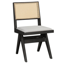 Καρέκλα Winslow pakoworld ξύλο rubberwood μαύρο-pvc rattan φυσικό-ύφασμα γκρι Σετ 2 Τεμαχίων