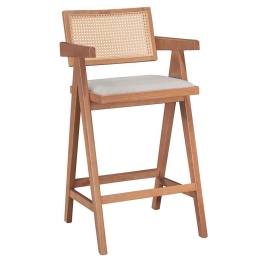Σκαμπό bar Winslow pakoworld ξύλο rubberwood ανοικτό καρυδί-pvc rattan φυσικό-ύφασμα γκρι Σετ 2 Τεμαχίων