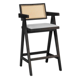 Σκαμπό bar Winslow pakoworld ξύλο rubberwood μαύρο-pvc rattan φυσικό-ύφασμα γκρι Σετ 2 Τεμαχίων