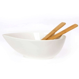 Σαλατιέρα Με Κουτάλες Bamboo Leaf (Σετ 3Τμχ) 26.000.921 White Cryspo Trio Large Πορσελάνη