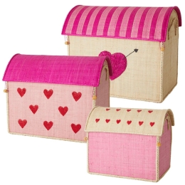 Κουτιά Παιχνιδιών (Σετ 3Τμχ) "Καρδιές" RICE-BSHOU-3ZHEA Pink-Beige Rice Raffia