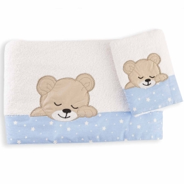 Βρεφικές Πετσέτες Σετ 2τμχ Sleeping Bear Cub White-Ciel DimCol Σετ Πετσέτες 30x50cm 100% Βαμβάκι