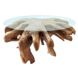 Τραπέζι Σαλονιού Ρίζα HM9393 Στρογγυλό Φ100x45cm Με Ασφαλείας Γυαλί Teak Natural Ξύλο,Γυαλί