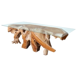 Τραπέζι Σαλονιού Ρίζα HM9396 130x35x40cm Με Ασφαλείας Γυαλί Teak Natural