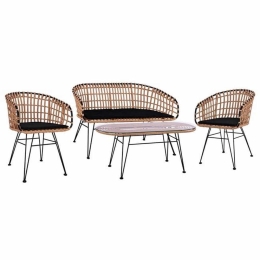 Σαλόνι Κήπου Allegra HM10600 (Σετ 4Τμχ) Τραπέζι Με Παγκάκι & 2 Πολυθρόνες Wicker Beige-Black 4 Θέσεων