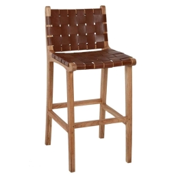 Σκαμπό Με Πλάτη Mindi HM9380.01 40x53x89cm Μασίφ Ξύλο & Δέρμα Με Πλέξη Natural-Brown Ξύλο,Δέρμα