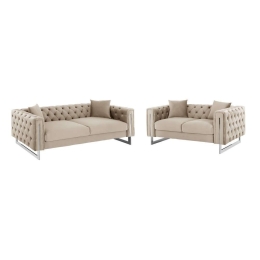 Σαλόνι (Σετ 2Τμχ) Mobar Τ.Chesterfield HM11936.02 Πόδια Μεταλλικά & Βελούδο Cream Βελούδο, Μέταλλο