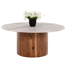 Τραπέζι Σαλονιού Formel HM9672 Φ80x36cm Από Ξύλο Ακακίας & Μάρμαρο Natural-White Μάρμαρο, Ξύλο