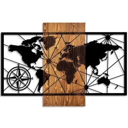 Διακοσμητικό Τοίχου World Map 899SKL2626 84x57cm Walnut-Black Wallity Μέταλλο,Ξύλο