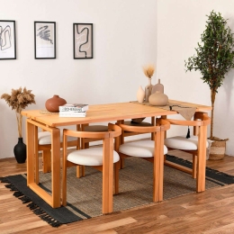 Τραπεζαρία Cheri (Σετ 7Τμχ) 998VOW1169 207x90x77cm Oak-Cream 6 Θέσεων Ξύλο,Ύφασμα