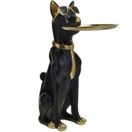 Διακοσμητικός Σκύλος Με Δίσκο 3-70-039-0096 27x21x65cm Black-Gold Inart Μέταλλο,Polyresin