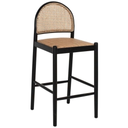 Σκαμπό Μπαρ HM9408.02 43,5x50x98cm Από Οξιά Rattan Αψίδα Πλάτη Black-Beige Ξύλο,Ψάθα