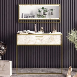 Κονσόλα Με Καθρέπτη Polka Aynali 875ZNA3510 90x38,5x76,8/90x3x37,8cm Marble Effect White-Gold Μοριοσανίδα, Μέταλλο