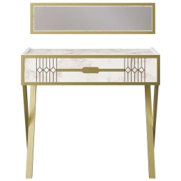 Κονσόλα Με Καθρέπτη Frida 788DEC4054 90x32x80/90x22cm Marble Effect White-Gold Μοριοσανίδα, Μέταλλο