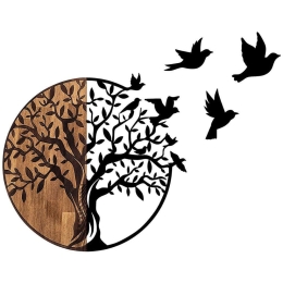 Διακοσμητικό Τοίχου Tree And Birds 899SKL2309 92x3x71cm Walnut-Black Wallity Μέταλλο,Ξύλο