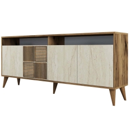 Μπουφές Milan 845HCT5606 180x35x78cm Travertine Beige-Walnut Πλαστικό,Μοριοσανίδα