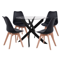 Τραπεζαρία (Σετ 5Τμχ) HM11692.02 Φ90x74cm Black 4 Θέσεων Μέταλλο,Γυαλί,Πολυπρ