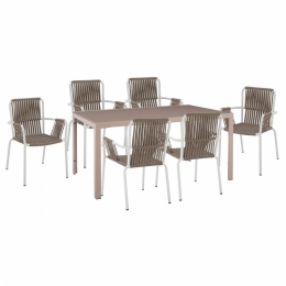 Τραπεζαρία HM11500 (Σετ 7τμχ) Με Τραπέζι Cappuccino 150Χ90 Και Πολυθρόνες White 6 Θέσεων