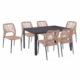 Τραπεζαρία HM11526.01 (Σετ 7τμχ) Τραπέζι 150X90 Και Καρέκλες Με Σχοινί Beige - Grey 6 Θέσεων