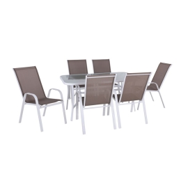 RIO SET ΚΗΠΟΥ ΜΕΤΑΛΛΟ ΑΣΠΡΟ, TEXTILENE CAPPUCCINO : ΤΡΑΠΕΖΙ+6 ΠΟΛΥΘΡΟΝΕΣ